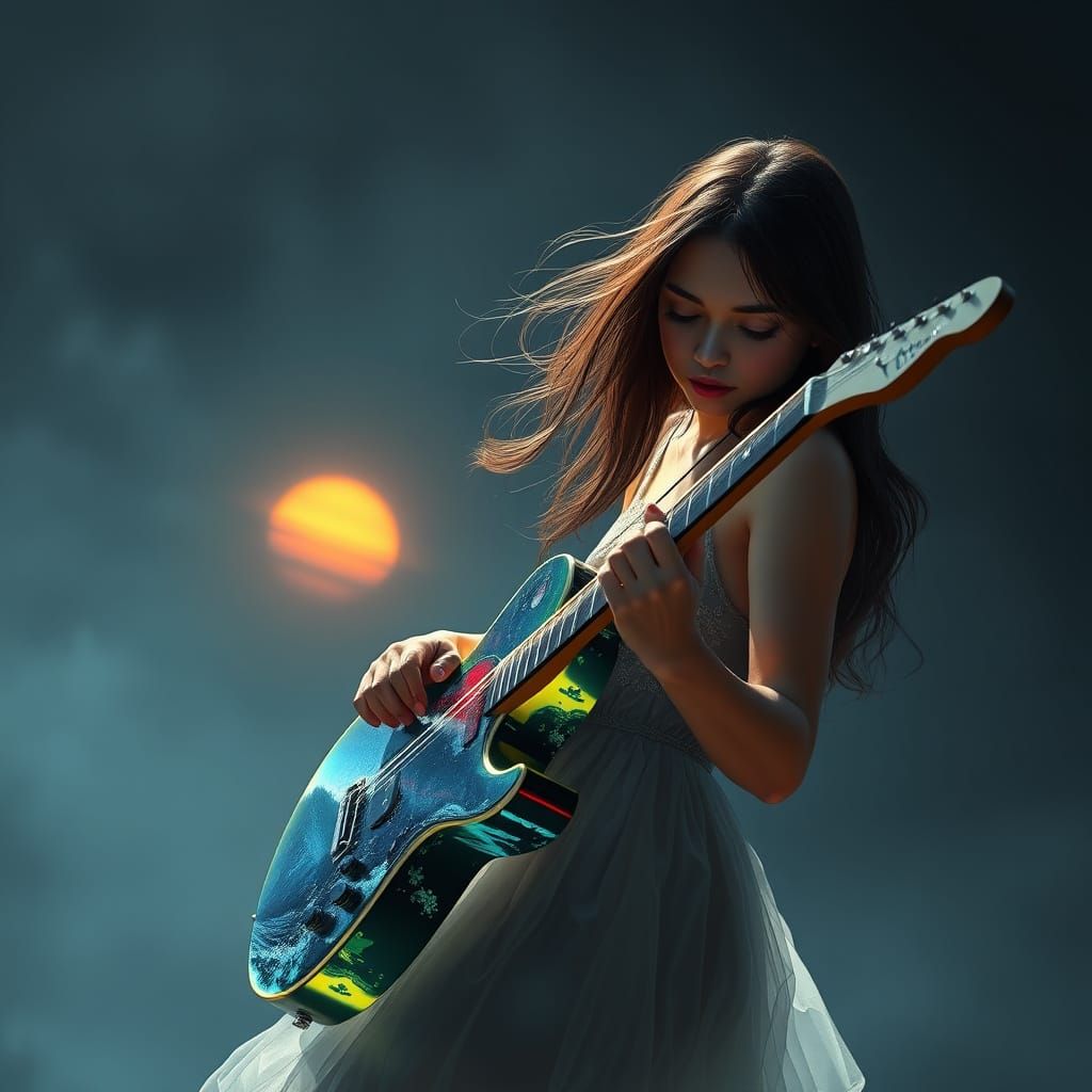 Girl Plays Transparent Guitar Amidst Sunset Waves in Vibrant...