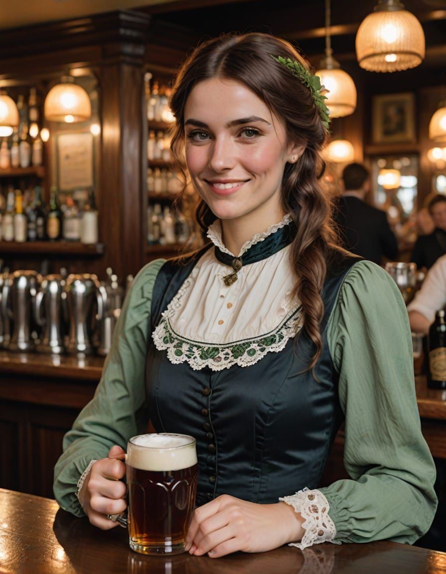 Victorian Woman with Beer at Bar, Shy Smile