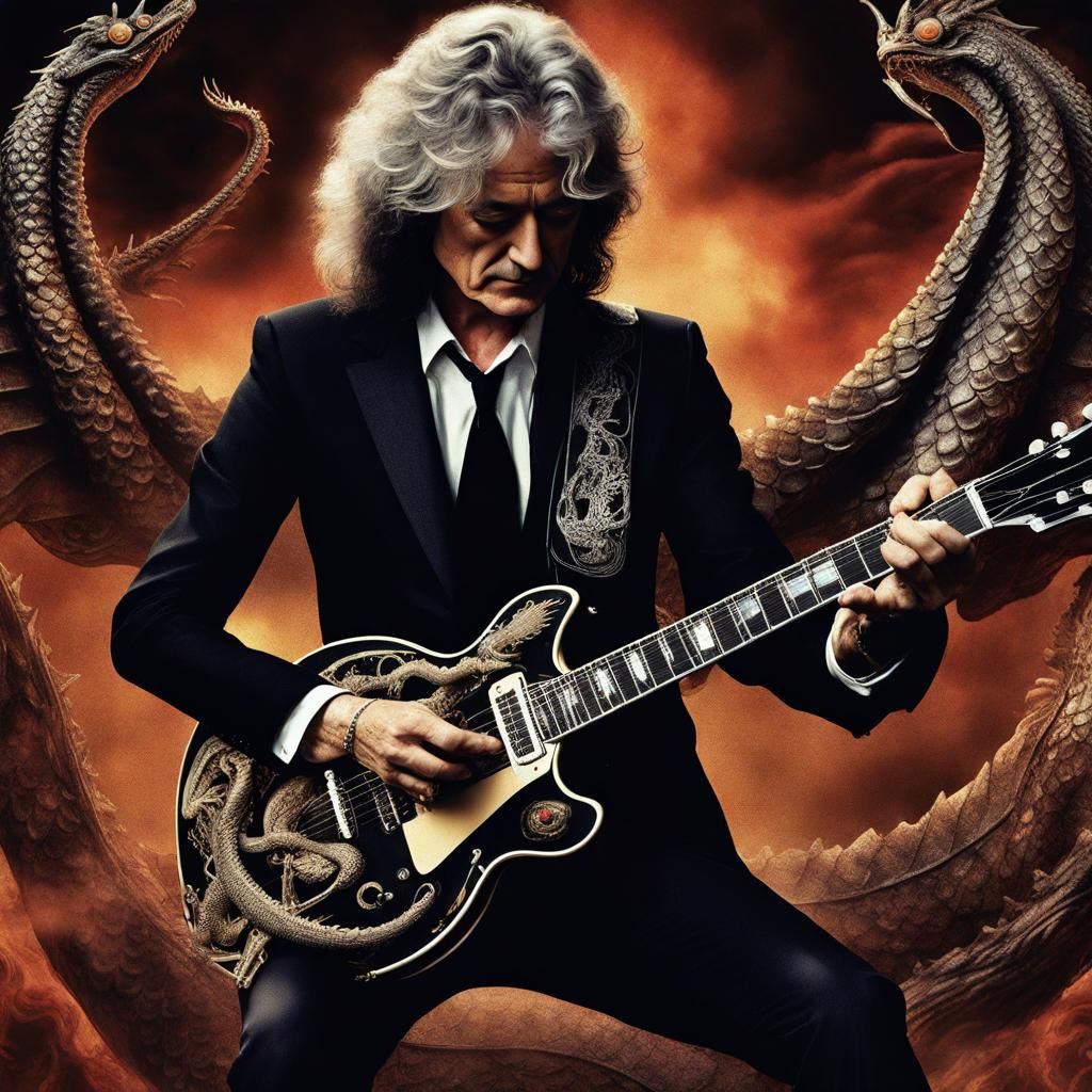 Jimmy Page in Dragon Suit: Surrealist Rock Poster