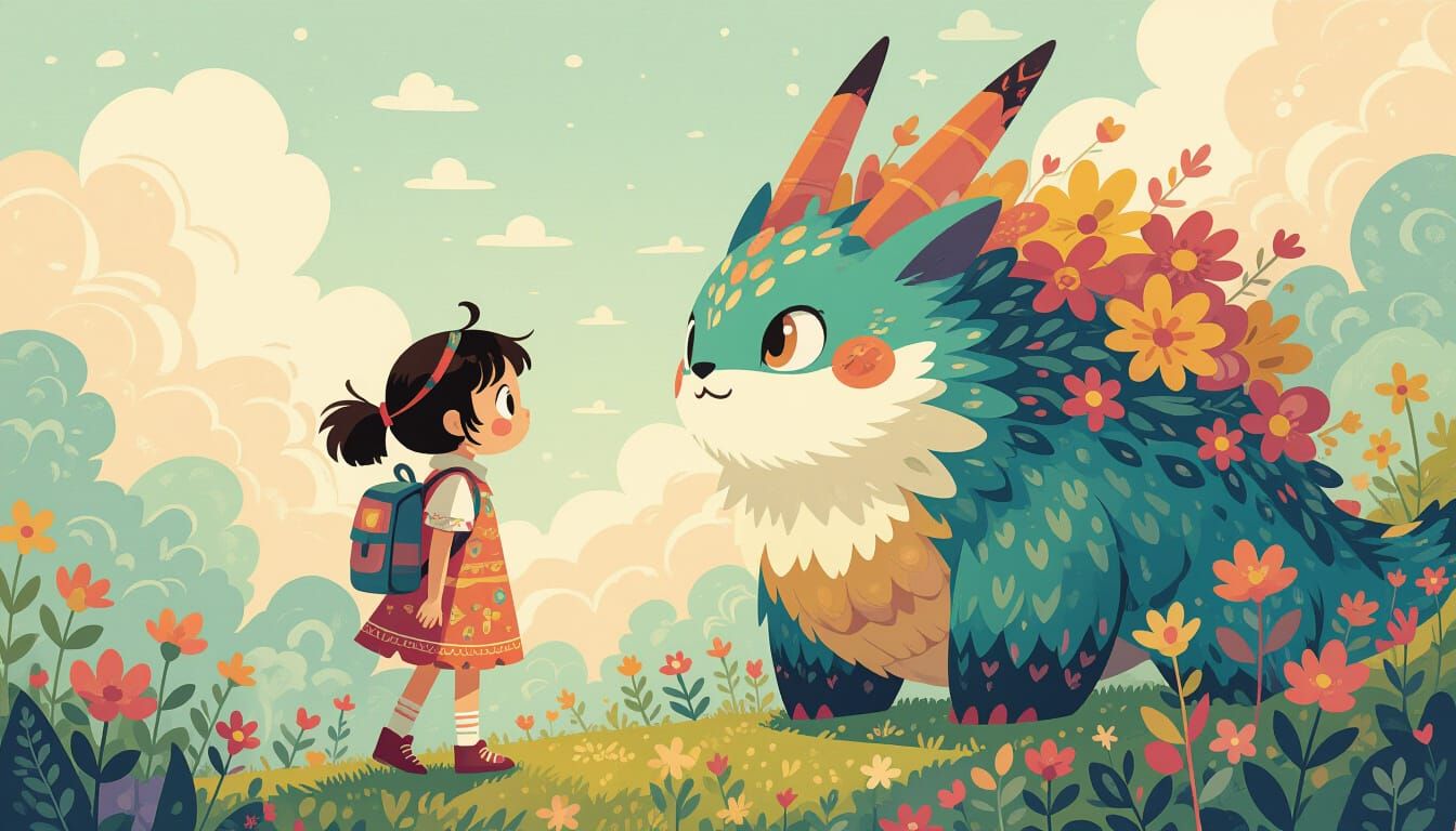 Girl & Fantastical Creature Adventure in Whimsical Style
