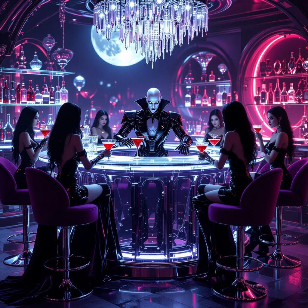 Futuristic Glass Vampire Bar with Gothic Couture, Digital Ar...