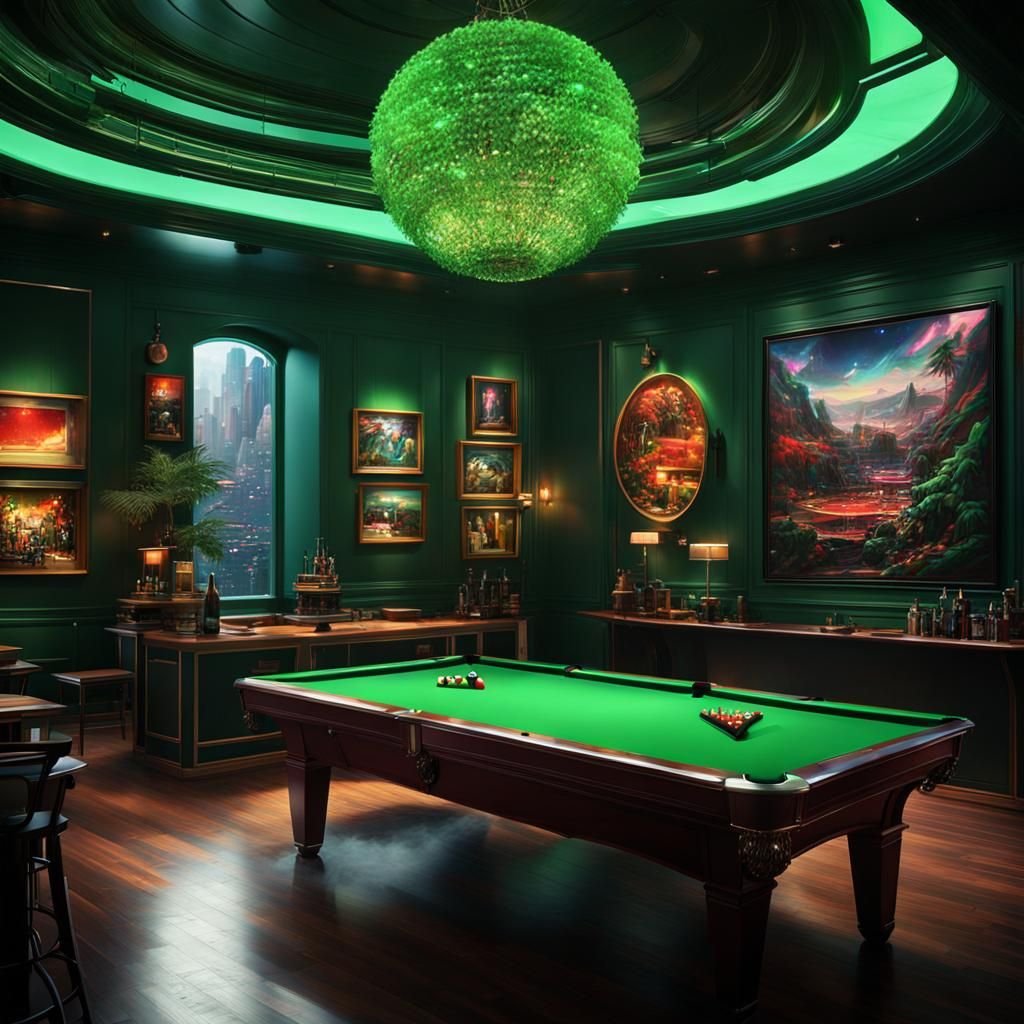 Futuristic Anime Art Gallery with Green Pool Table