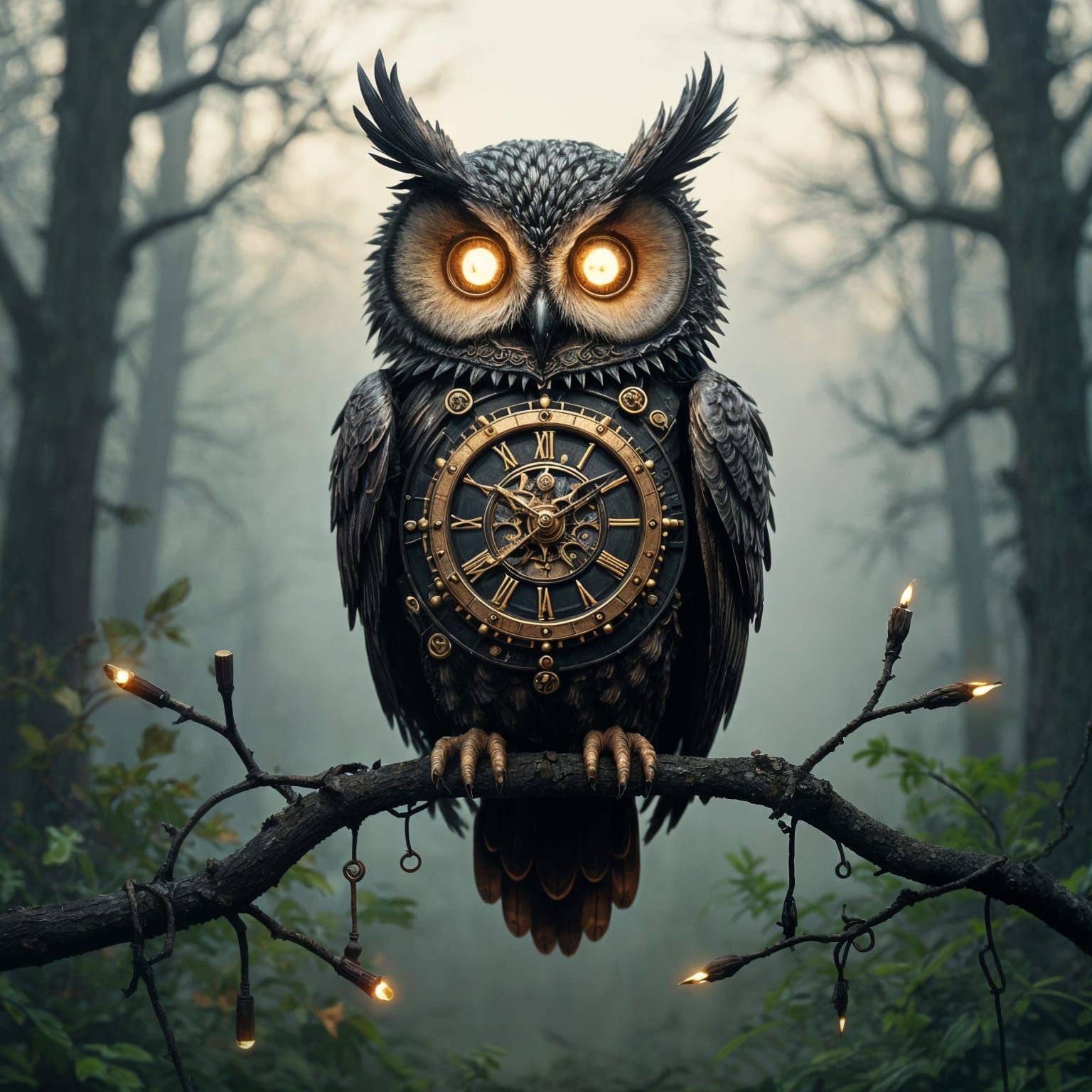 Clockwork Owl Over Misty Forest Clearing