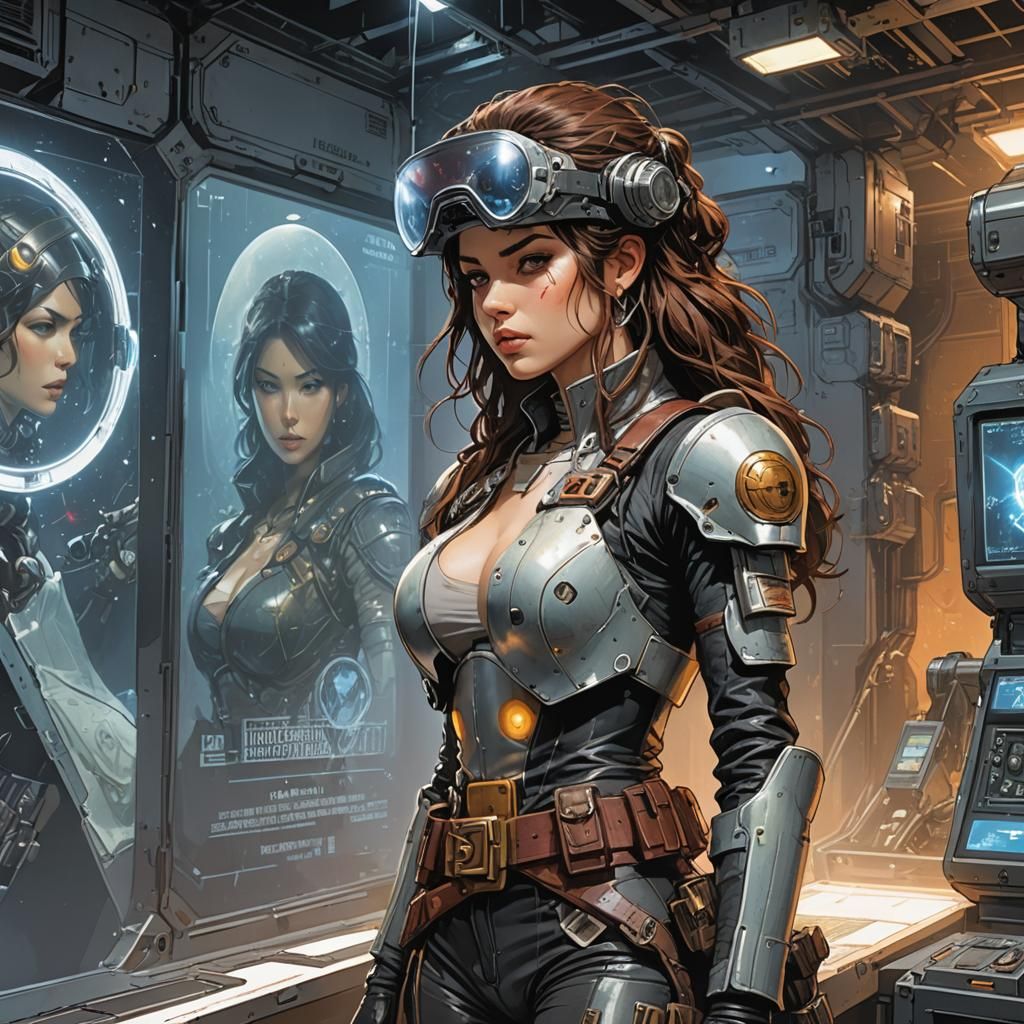 Sci-Fi Bounty Hunter with Hologram, Hyperrealistic Artwork