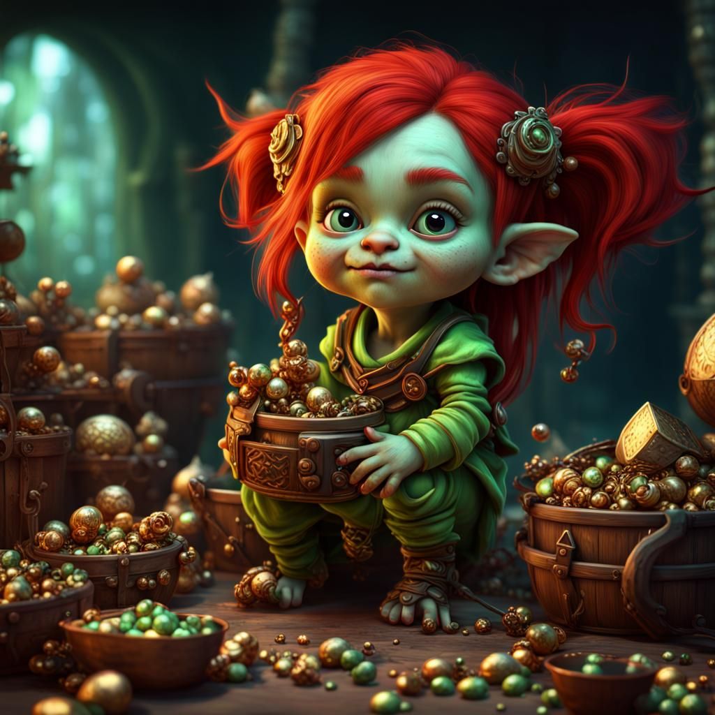 Cute Goblin Girl with Treasure, Detailed Fantasy Art