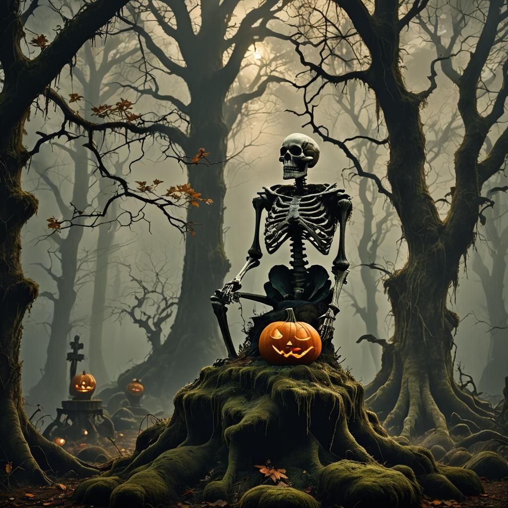 Pumpkin and Skeleton in Eerie Forest, Dark Fantasy Art