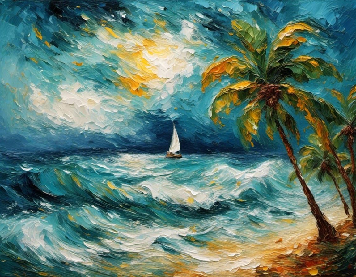 Stormy Sea Impasto Painting with Sailing Boat