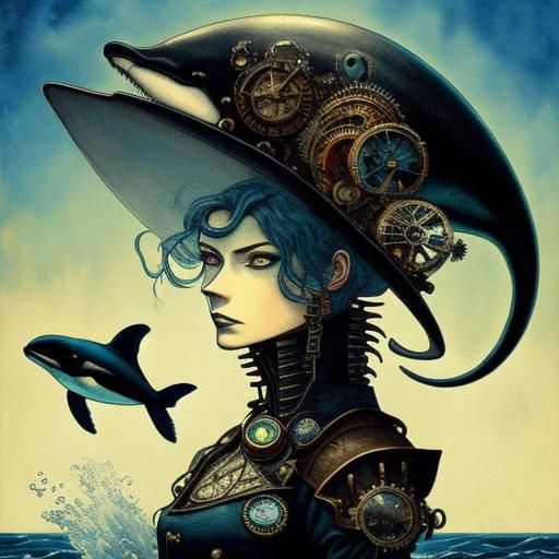 Killer Whale Breaching in Steampunk Watercolor Style