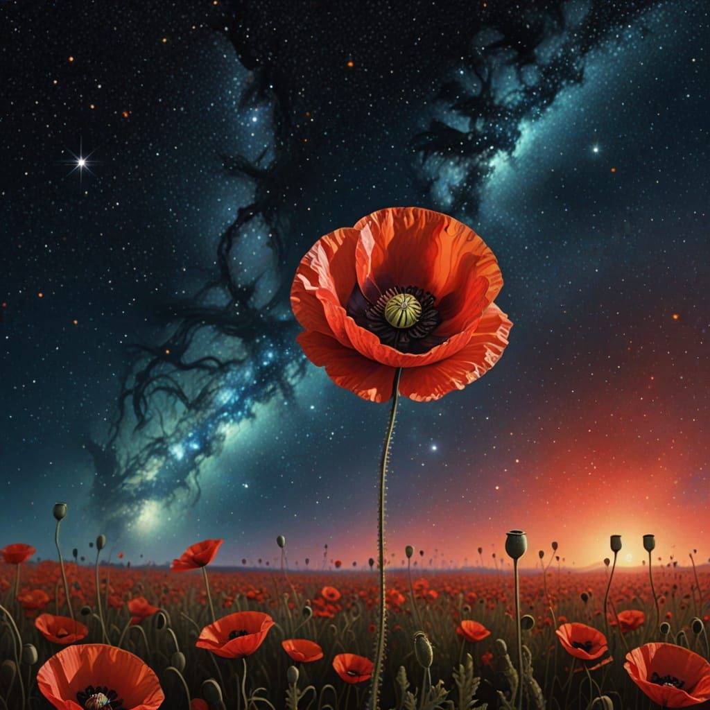 Vibrant Red Poppy in Starry Sky Oil Painting
