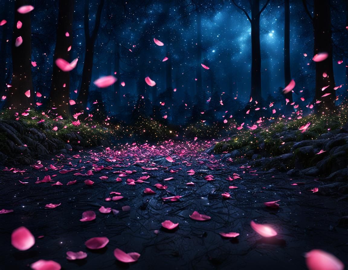 Magical Night Forest with Rose Petals