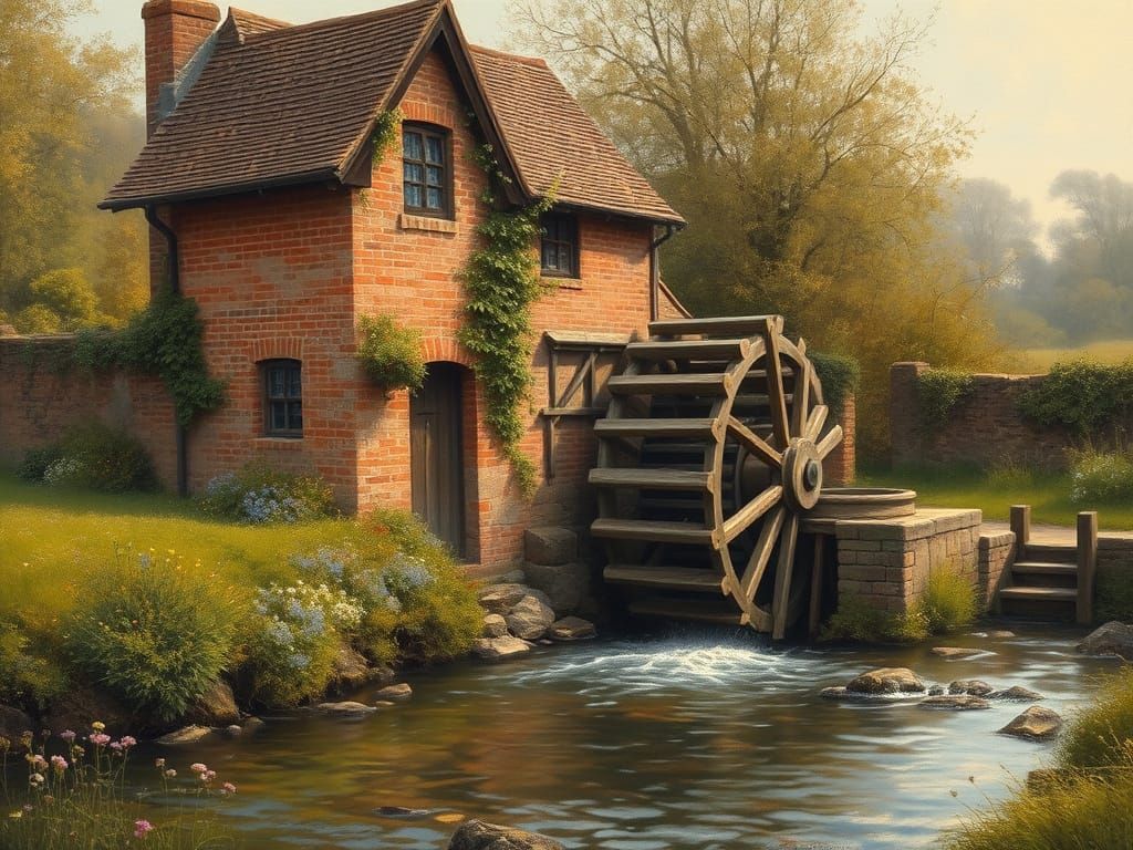 Idyllic English Countryside Water Wheel Scene in Romantic St...