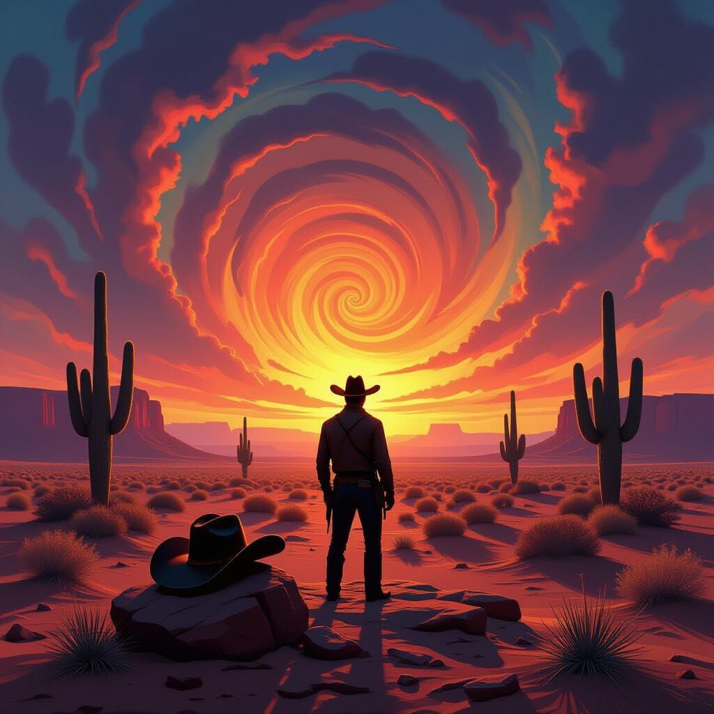 Surreal Desert Sunset with Lone Cowboy and Dreamlike Cacti