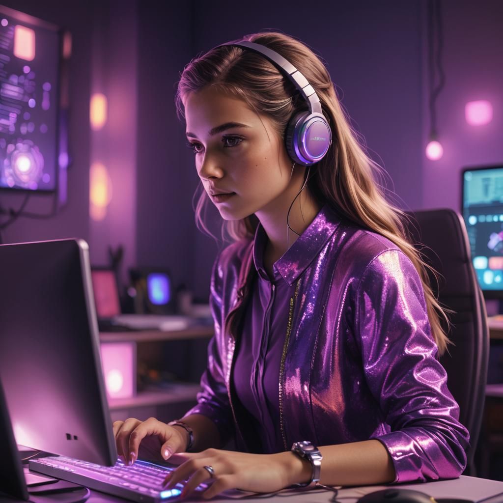 Girl with Hearing Aid in a Neon Lit Room