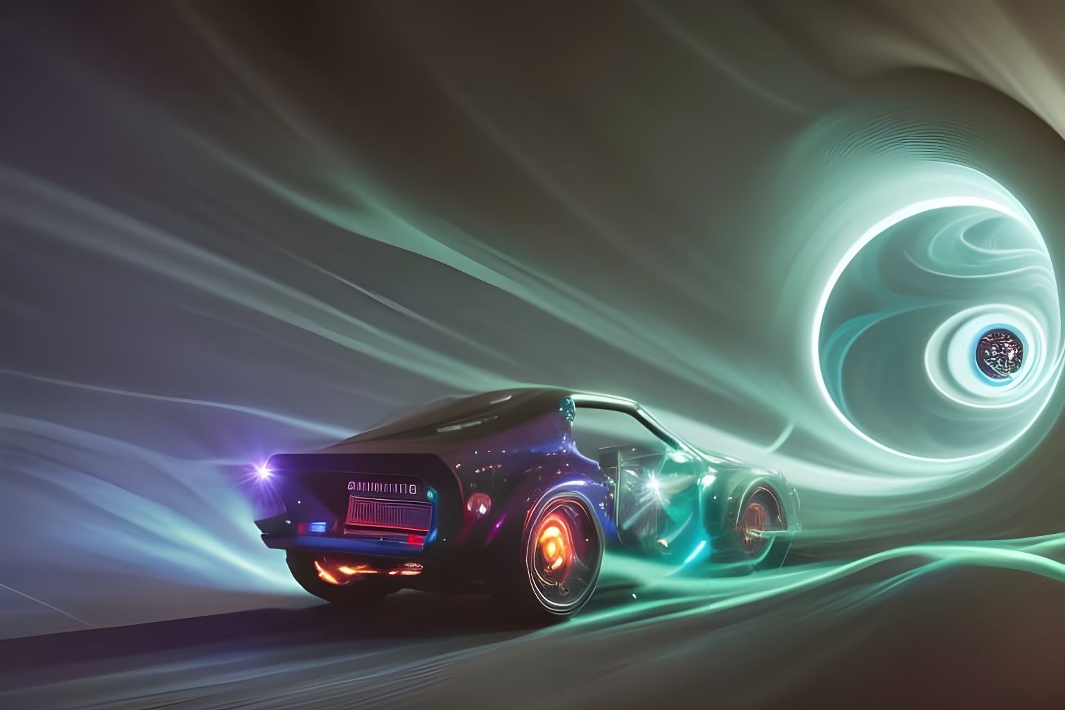 Car driving through the time portal