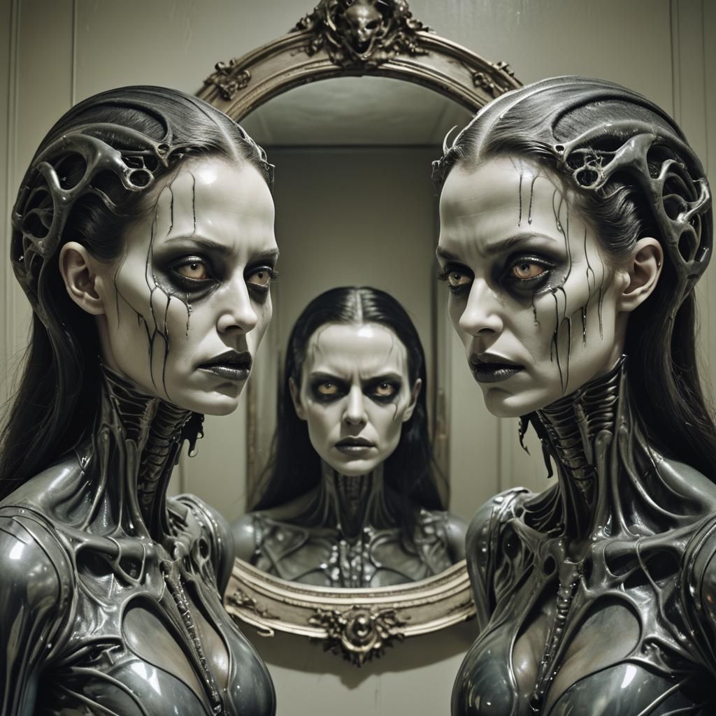 Surreal Biomechanical Confrontation in a Hellish Bedroom