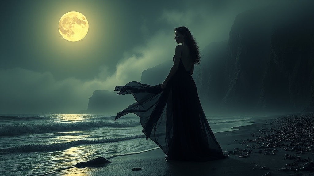 Mystical Woman at Moonlit Shore in Symbolist Style