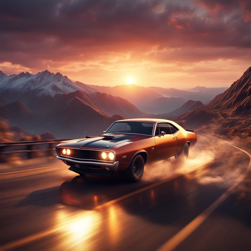 Muscle Car at Sunset: Detailed Matte Painting
