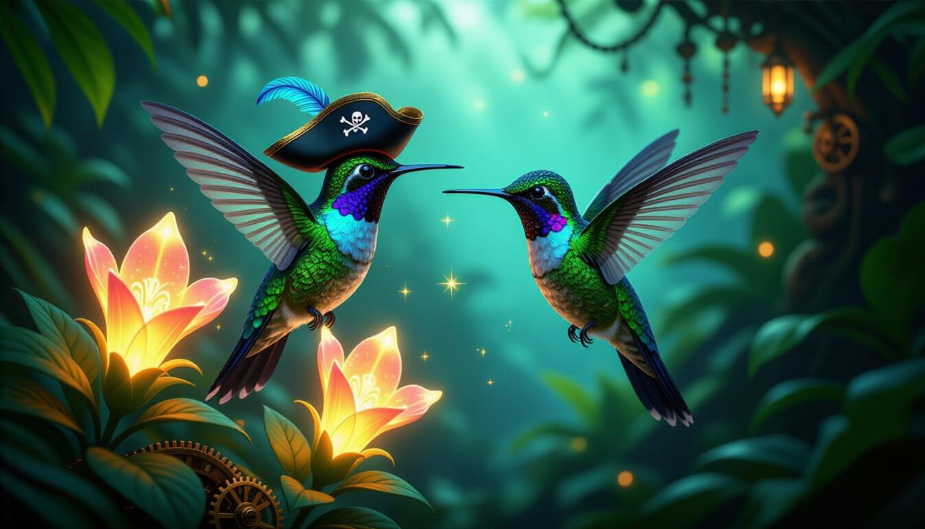 Bioluminescent Hummingbird Pirate in Steampunk Jungle