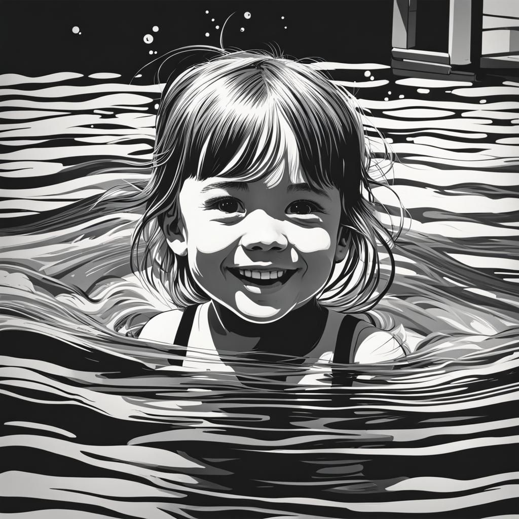 Happy Girl Swimming: Black and White Line Art