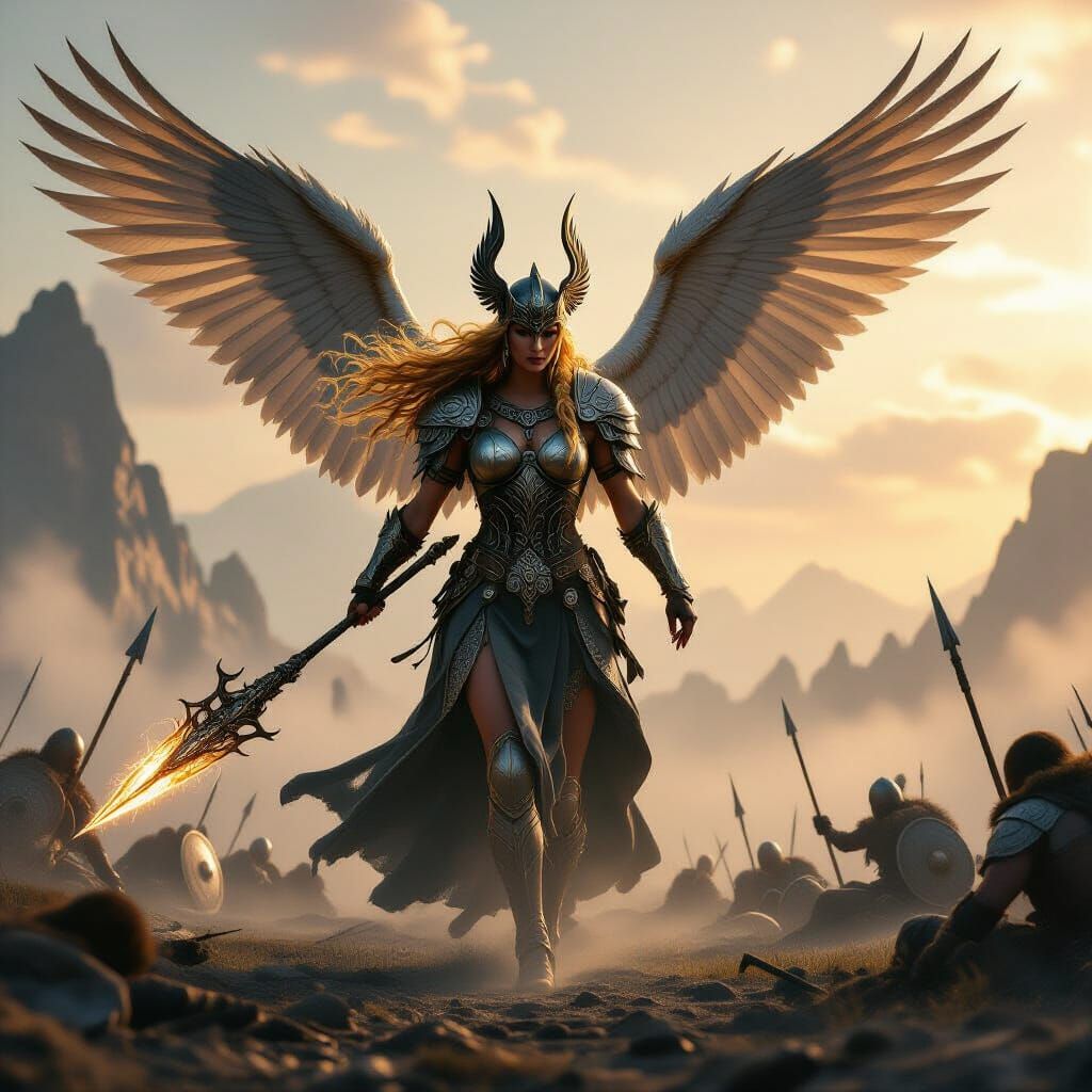 Valkyrie Ascends Battlefield in Epic Fantasy CGI Style