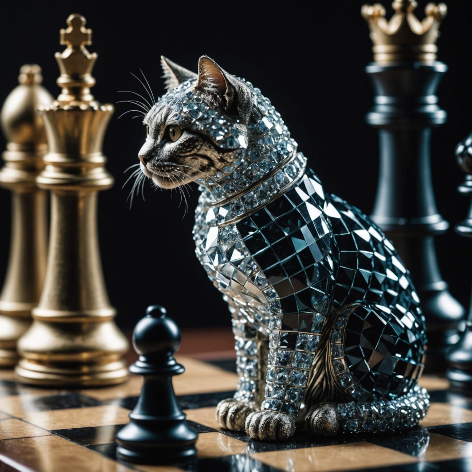 Crystal Chess Cat and King on Chessboard