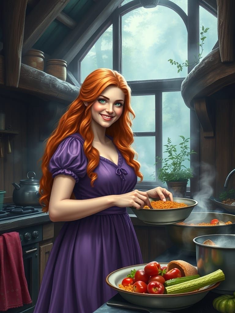 Viking Goddess in a Whimsical Kitchen