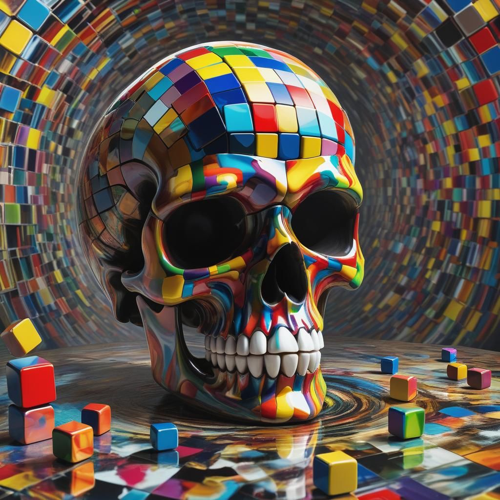Rubik's Cube Skull in Surrealist Digital Art