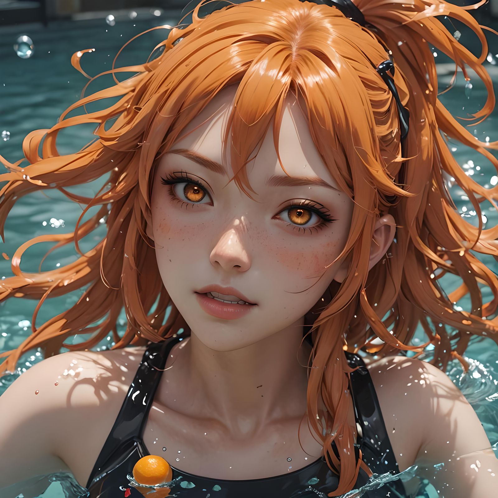 Anime Girl in Pool: 3D Digital Art