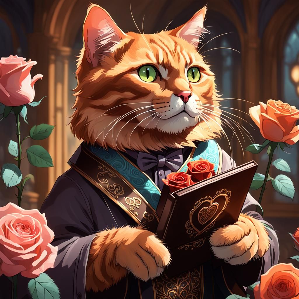 Loving Orange Cat Portrait with Chocolate and Roses