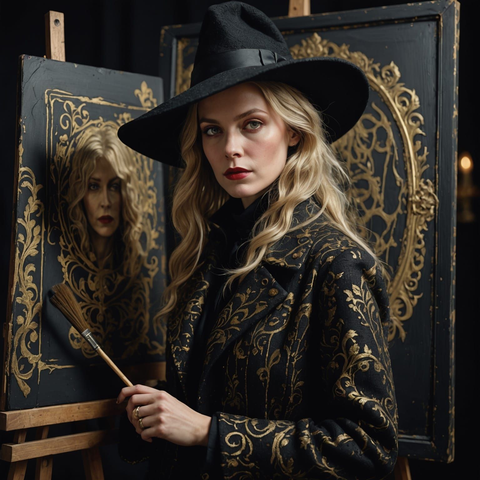 Aristocratic Witch Painting with Golden Highlights
