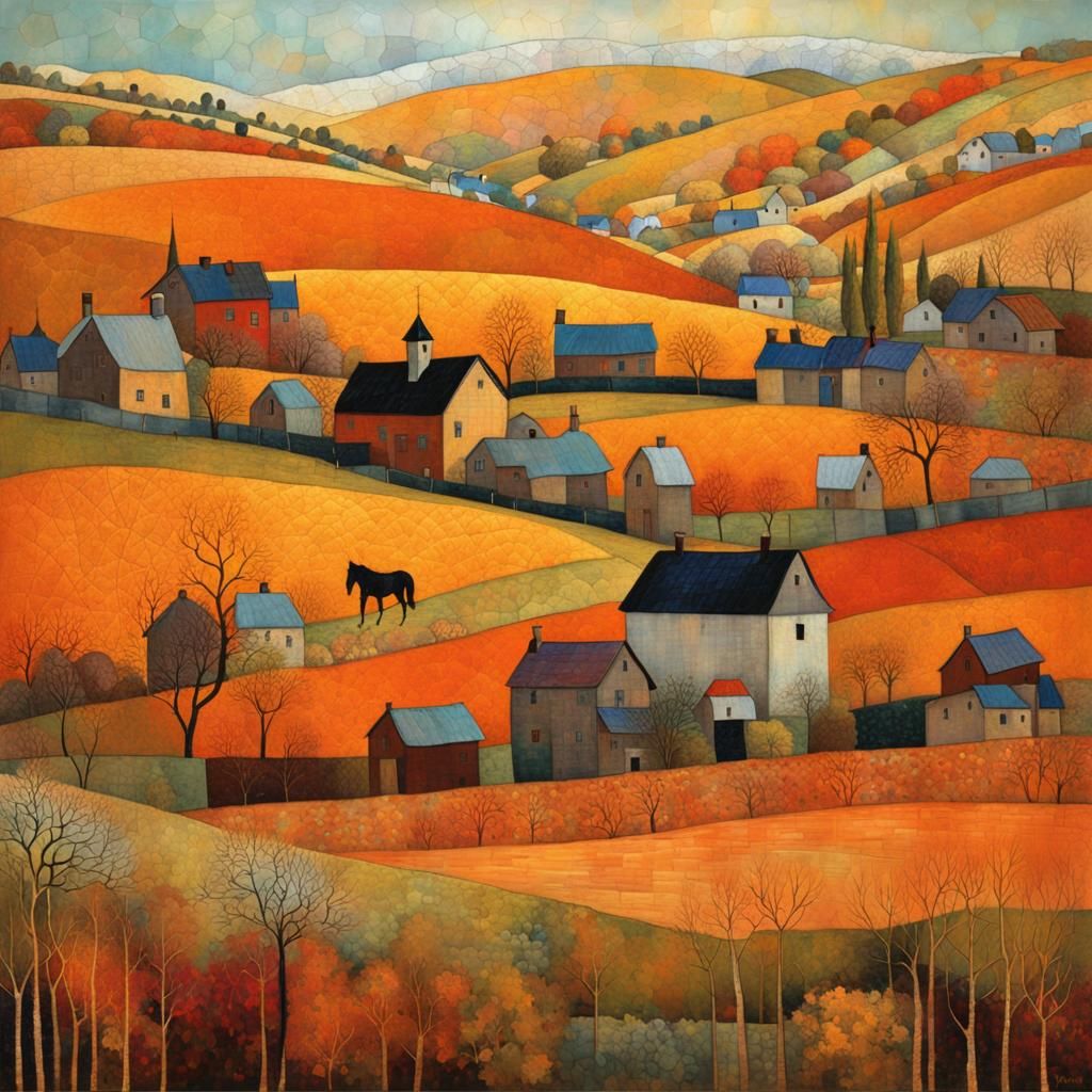 Patchwork Village Scene in Holographic Art Style