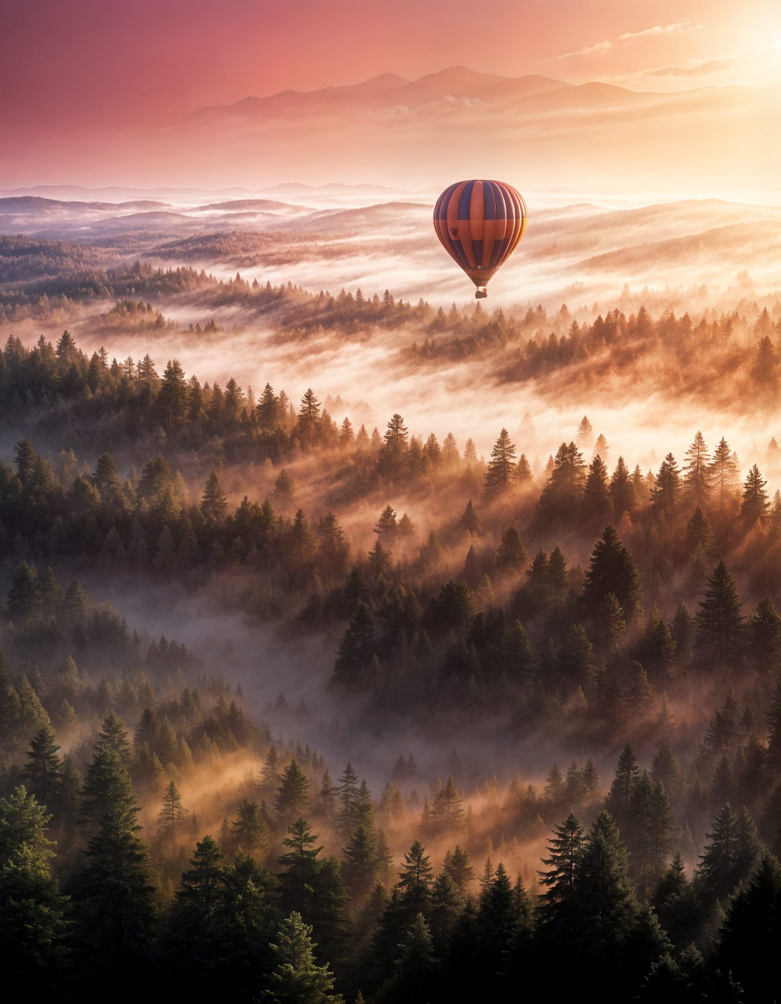 Hot Air Balloon Over Misty Coniferous Forest