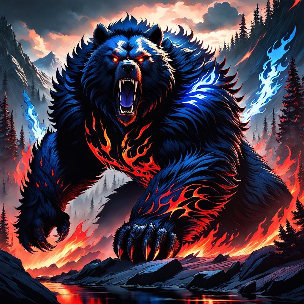 Berserk Teenage Werebear in Manga Style with Flames