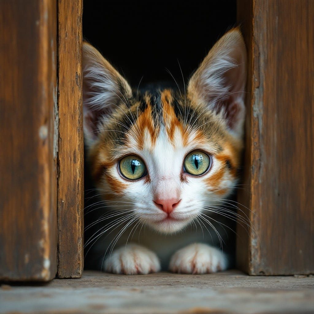 Realistic Calico Kitten Peers Out of Barn Door