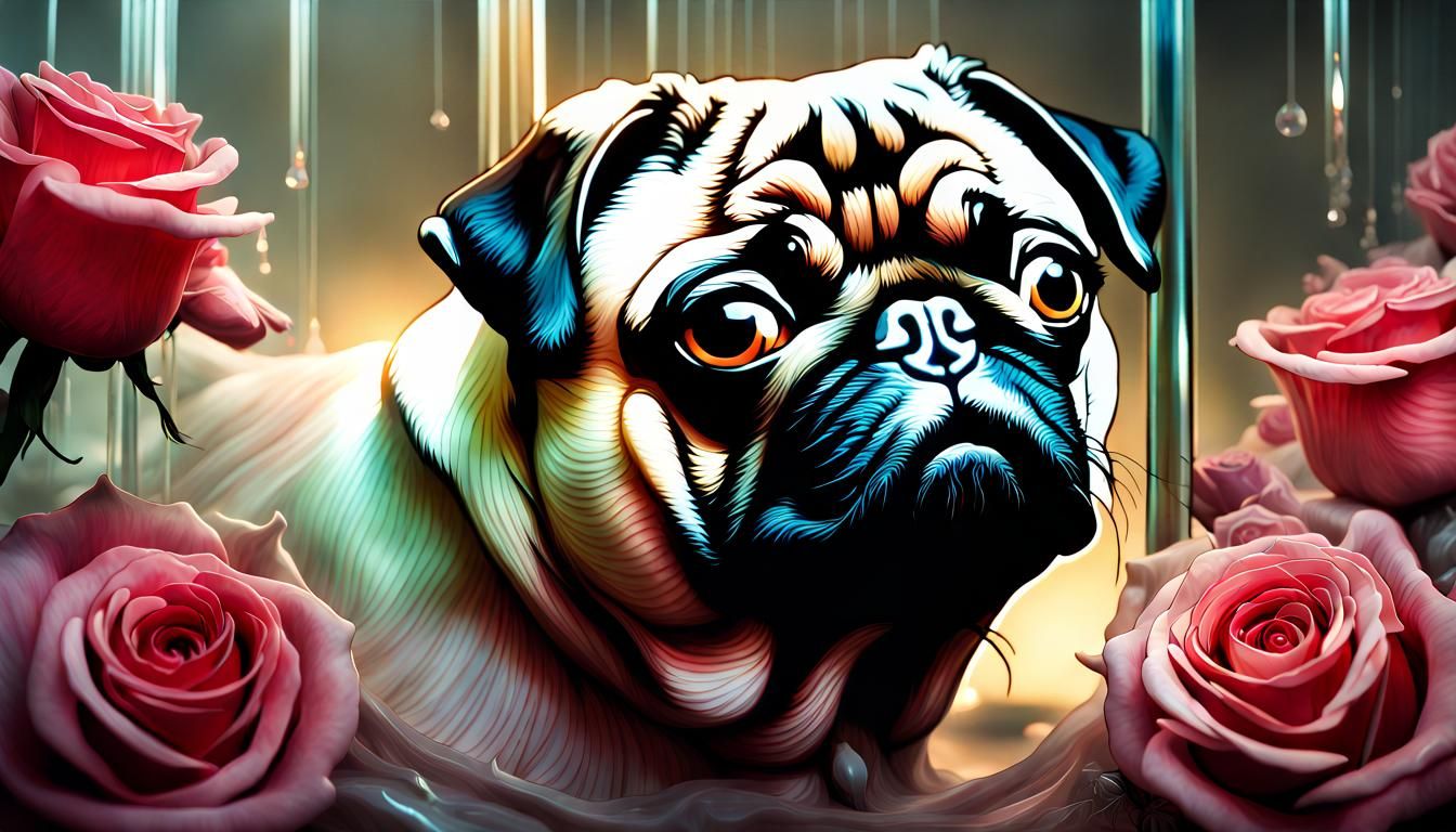 Pug-Shaped Crystal Glass with Roses, Digital Illustration