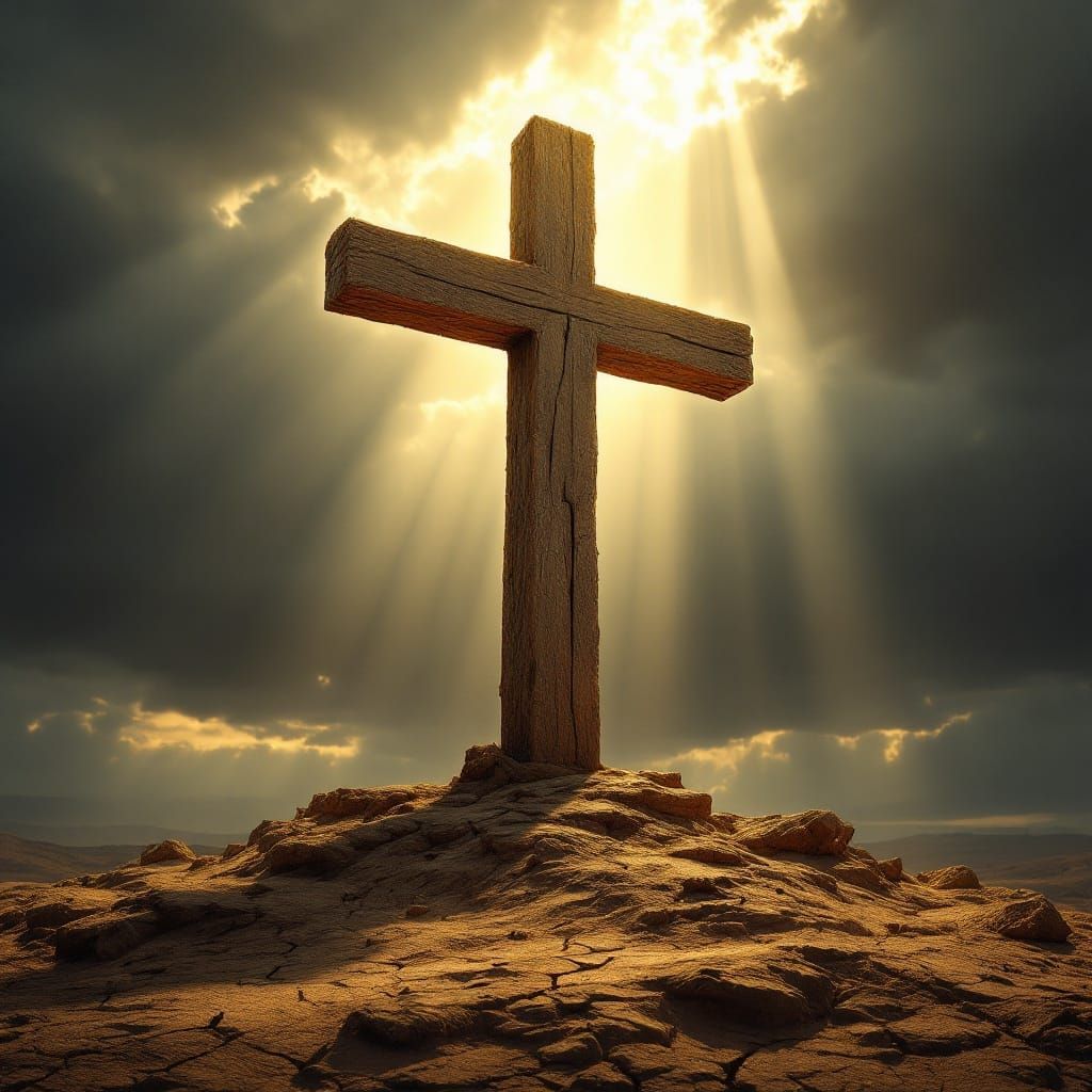Weathered Wooden Cross in Desert Landscape