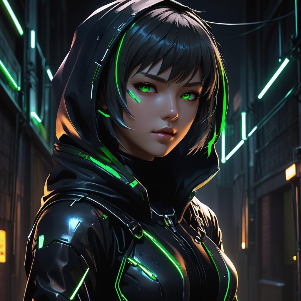 Cyberpunk Android with Neon Reflections