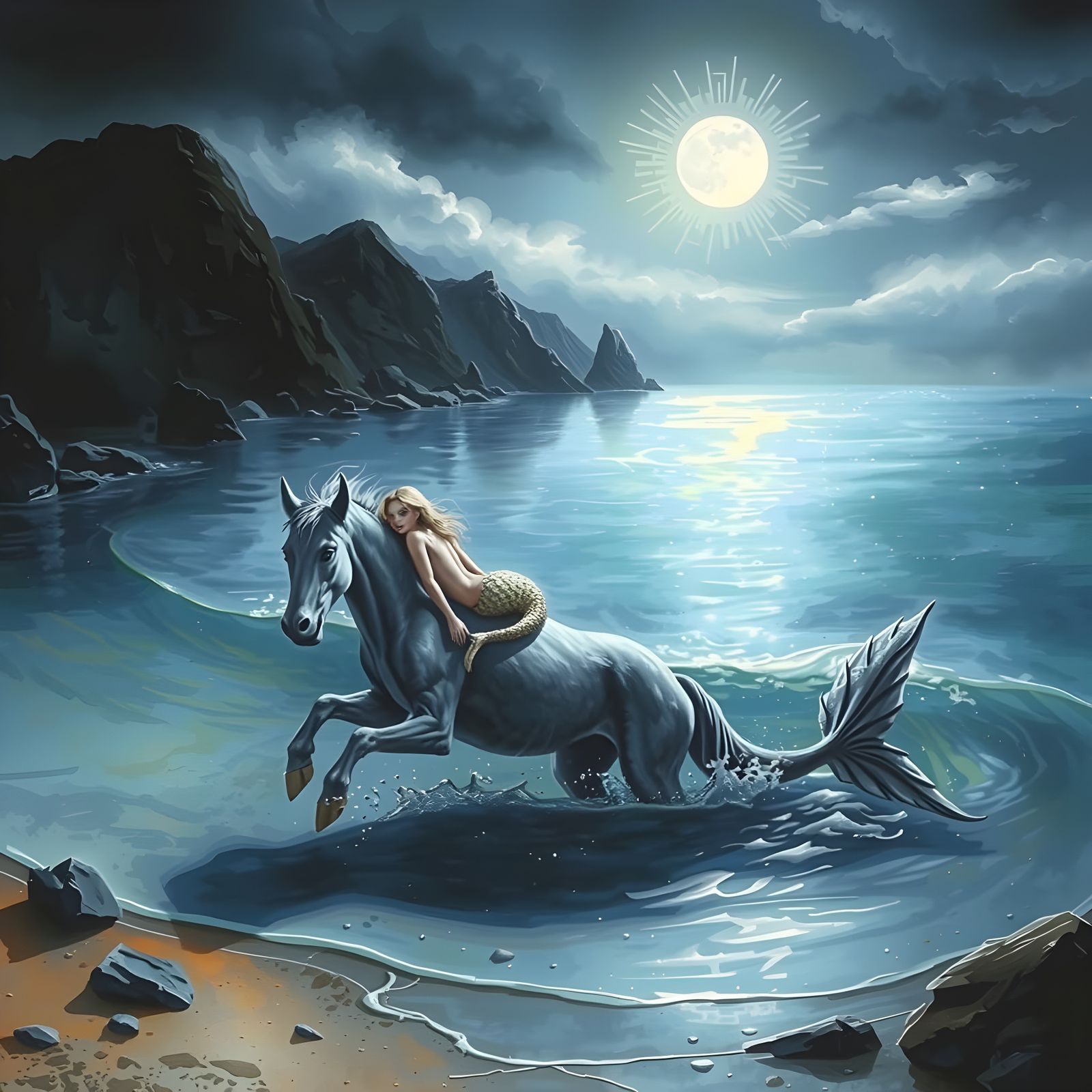 Mythical Kelpie Under Moonlight in Shallow Cove