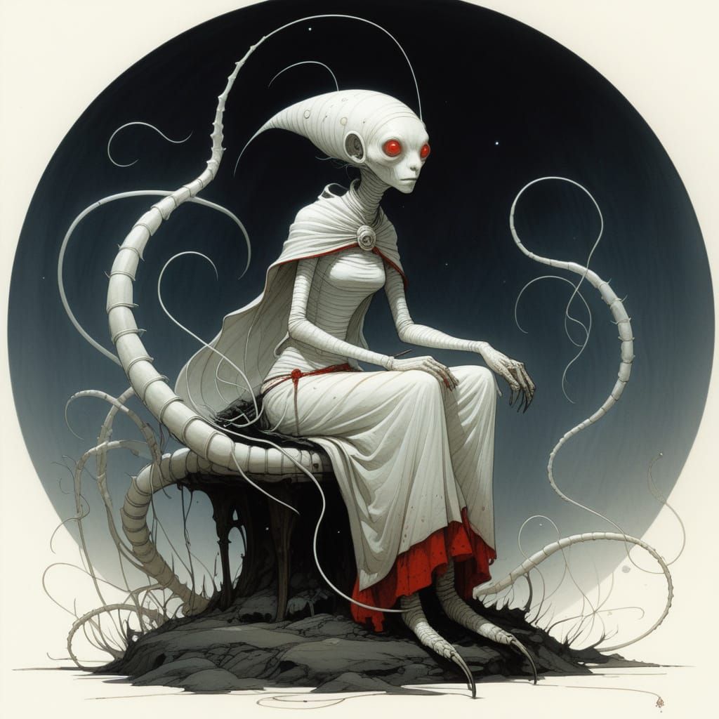 Pale Lady in Red Glowing Nematodes in Monge Style