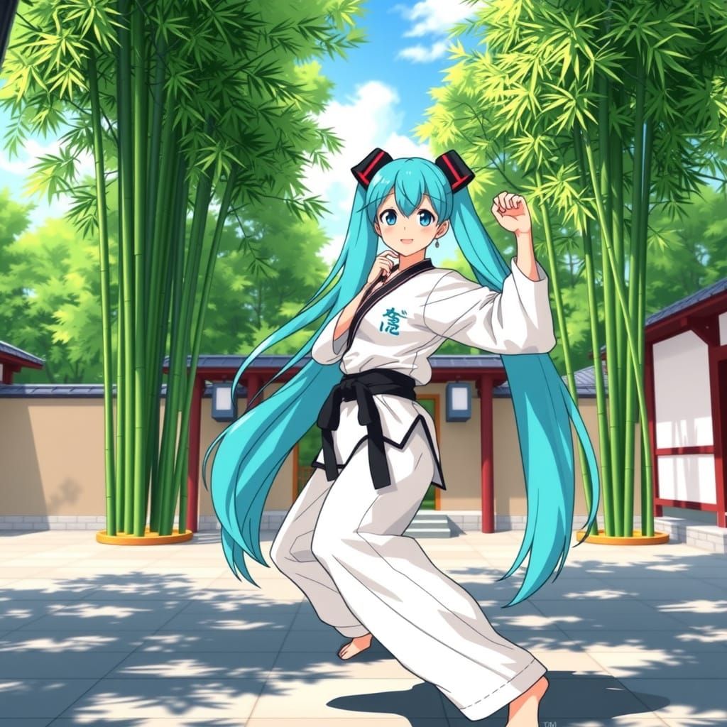 Hatsune Miku Training Karate in Bamboo Garden