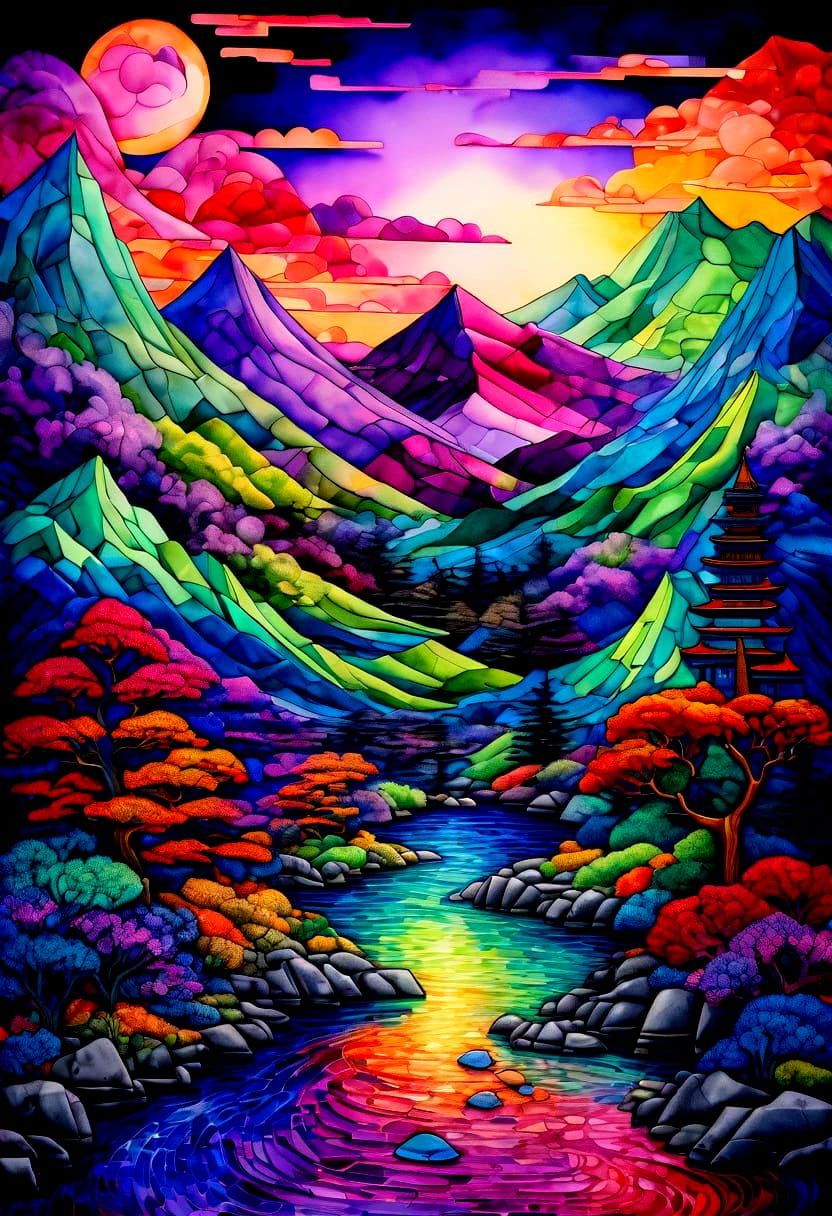 Fantastical 3D Landscape in Psychedelic Watercolor Style