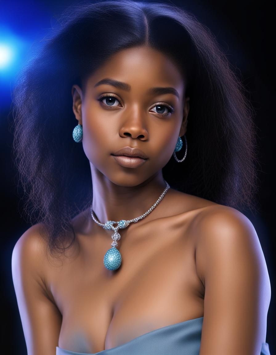 Photorealistic Beautiful black American girl lit from behind by a bluish light looking coyky at the camera