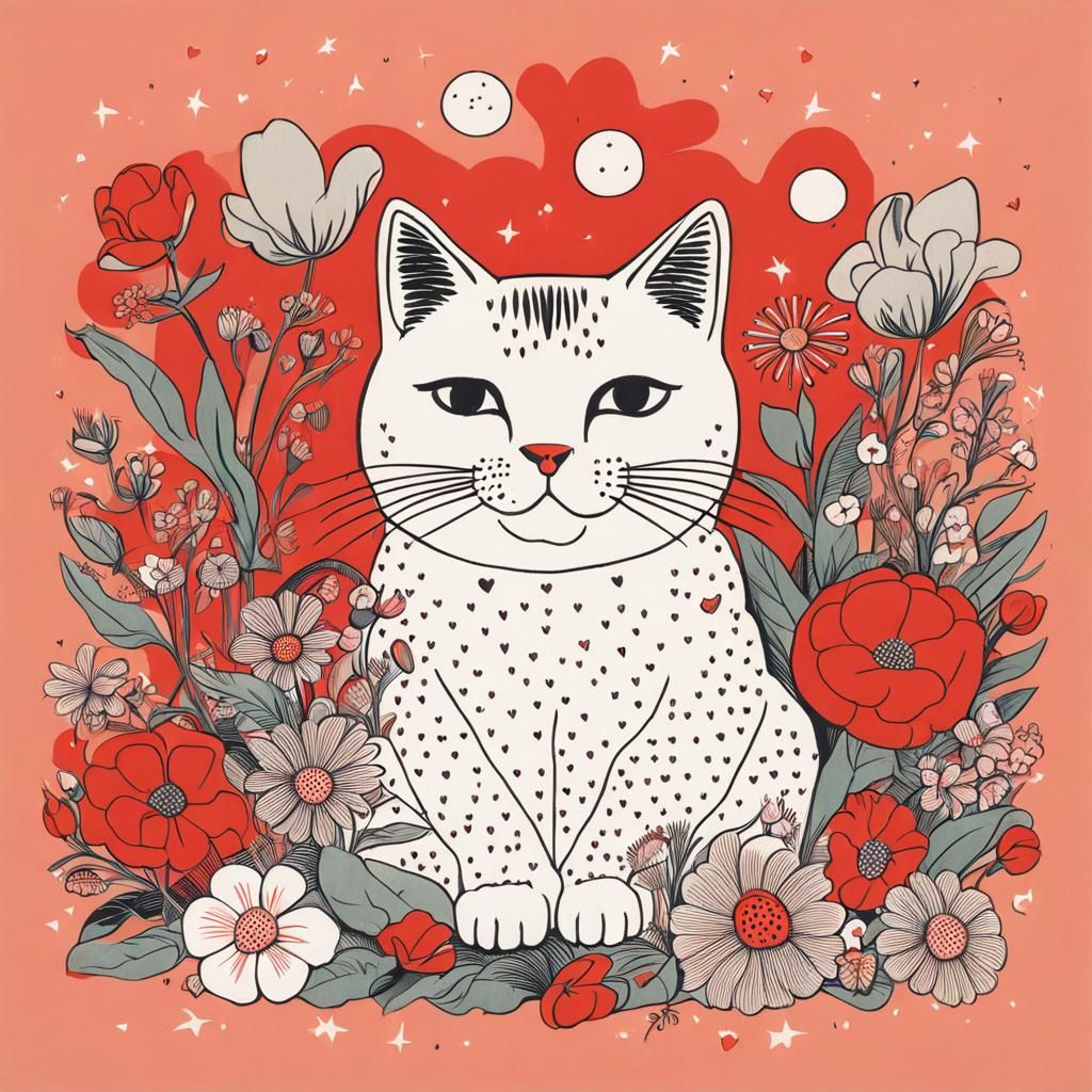 Cat Surrounded by Flowers and Heart Lights