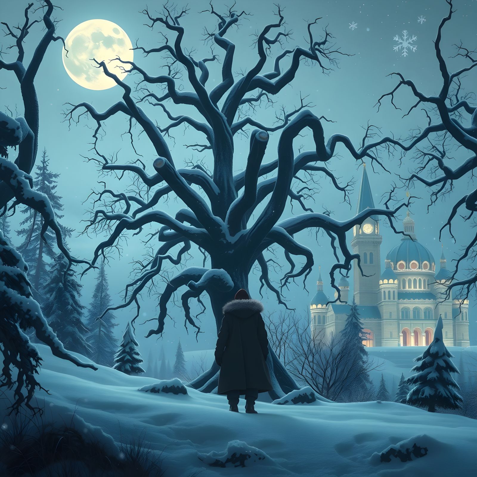 Surreal Winter Scene with Fantastical Details and Rich Color...
