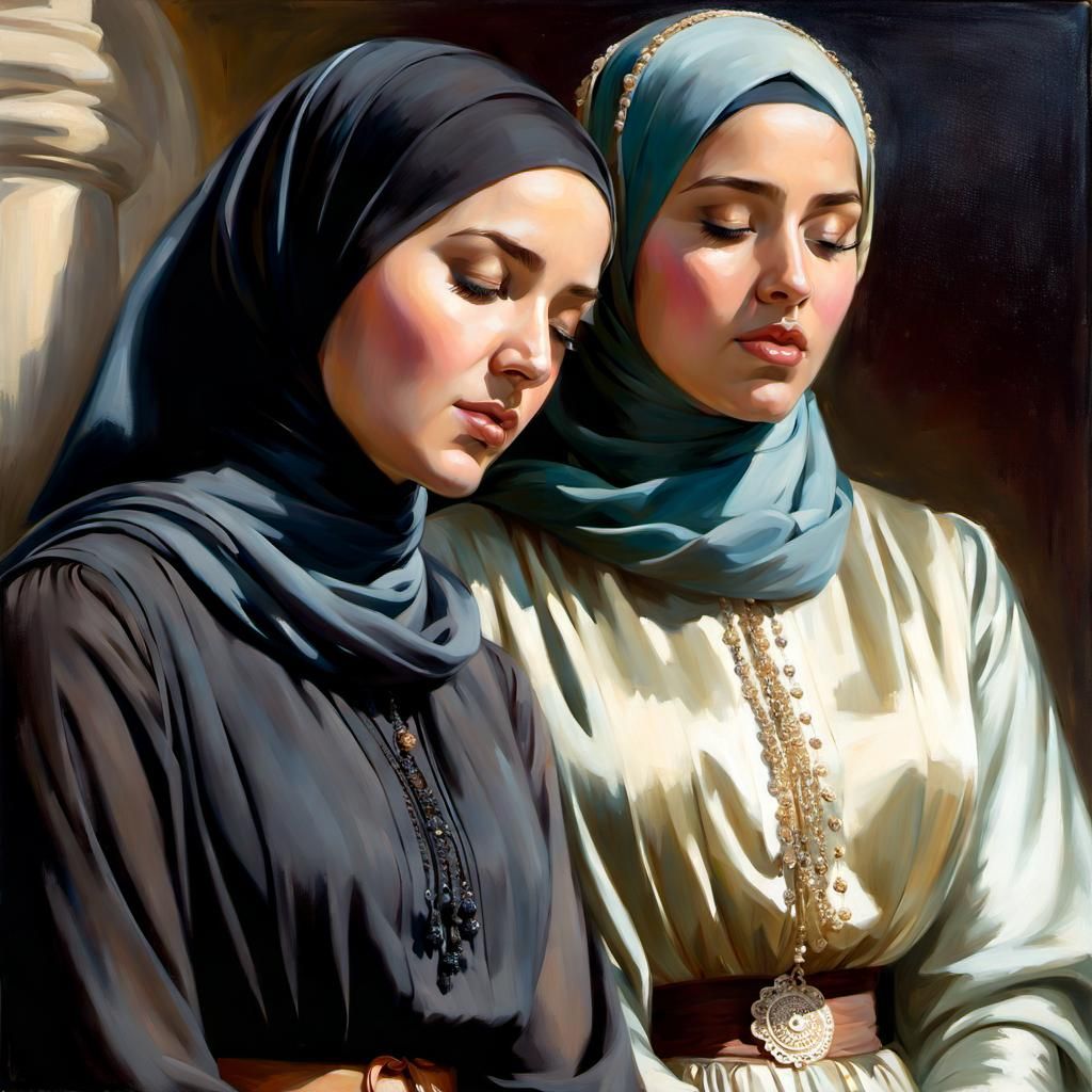 Portrait of Two Hijabi Girls in Oil Painting Style