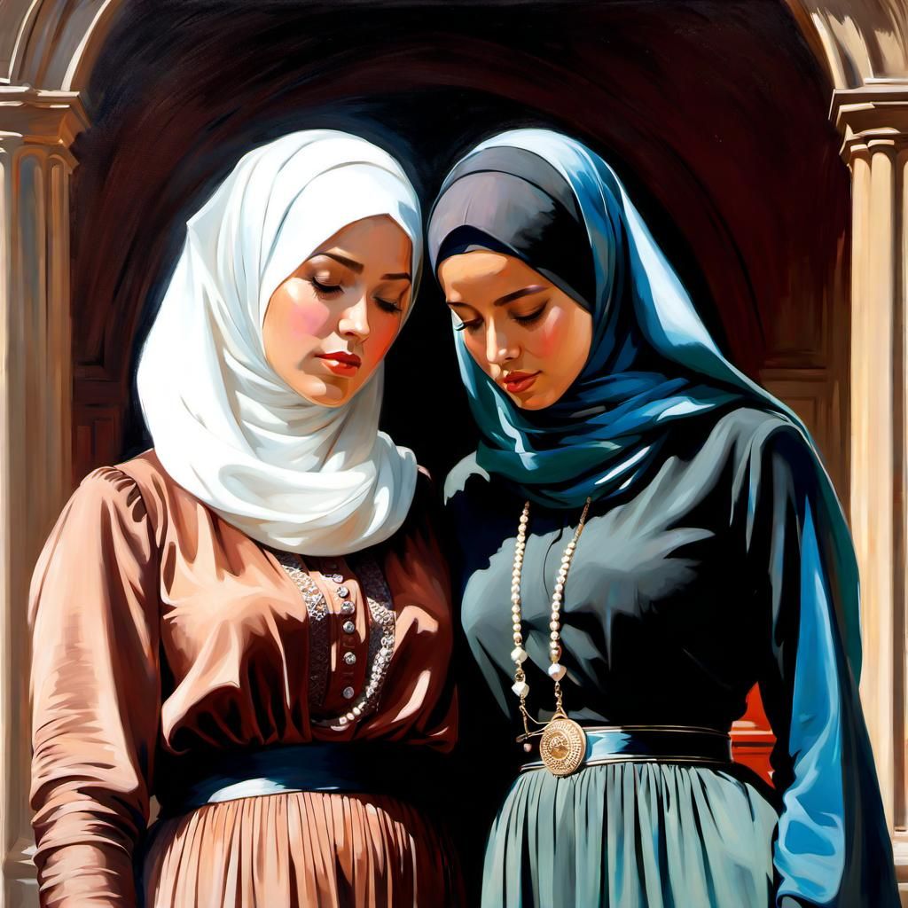 Two Danish Girls in Hijab, Oil Painting Portrait