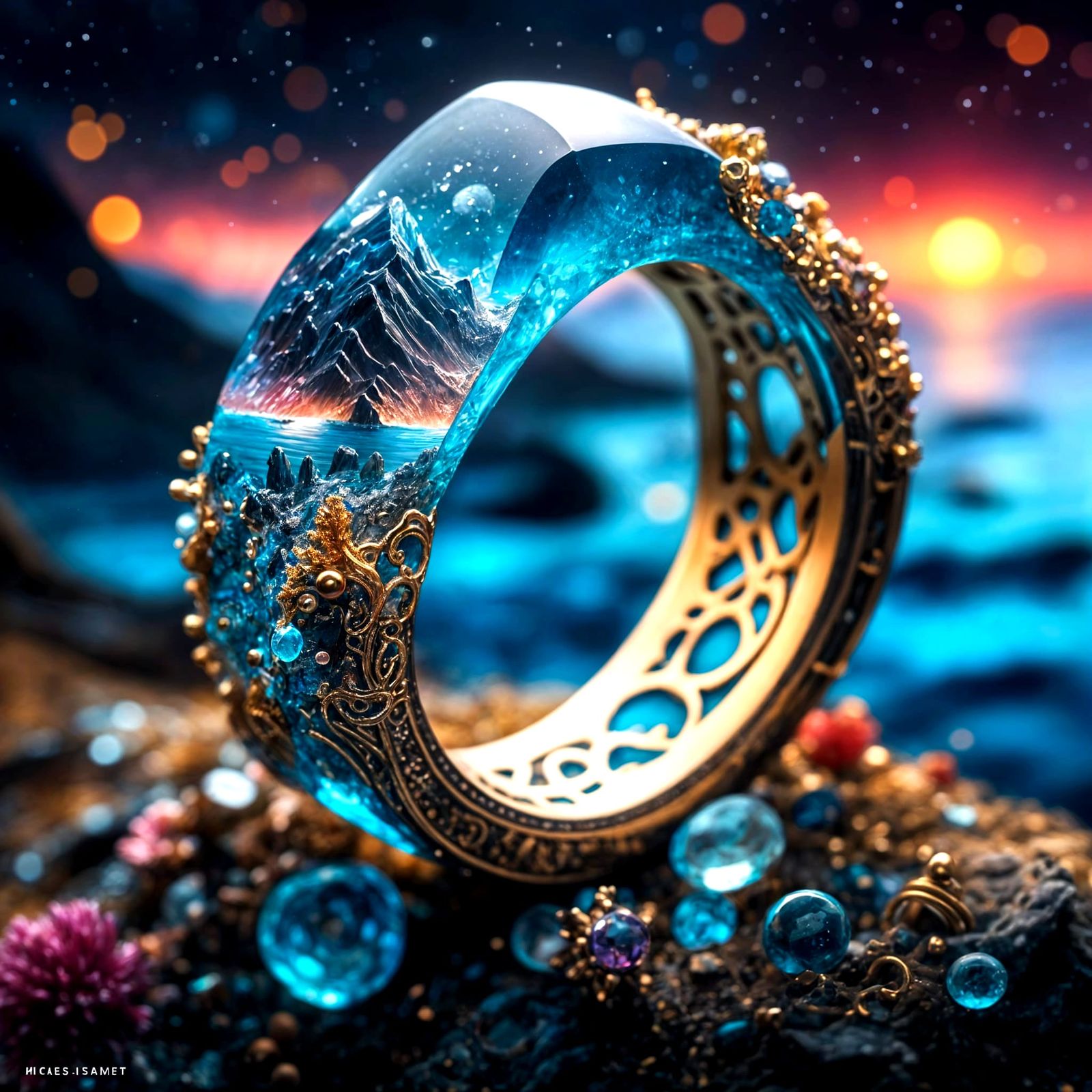 Macro Resin Seascape Ring Inspired by Klimt