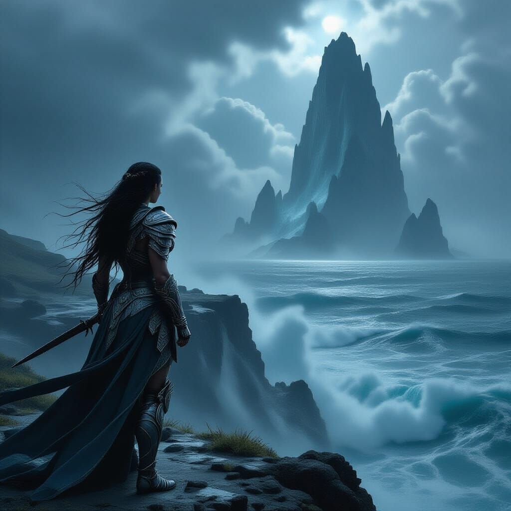 Amazon Warrior in Obsidian Armor on Stormy Cliff