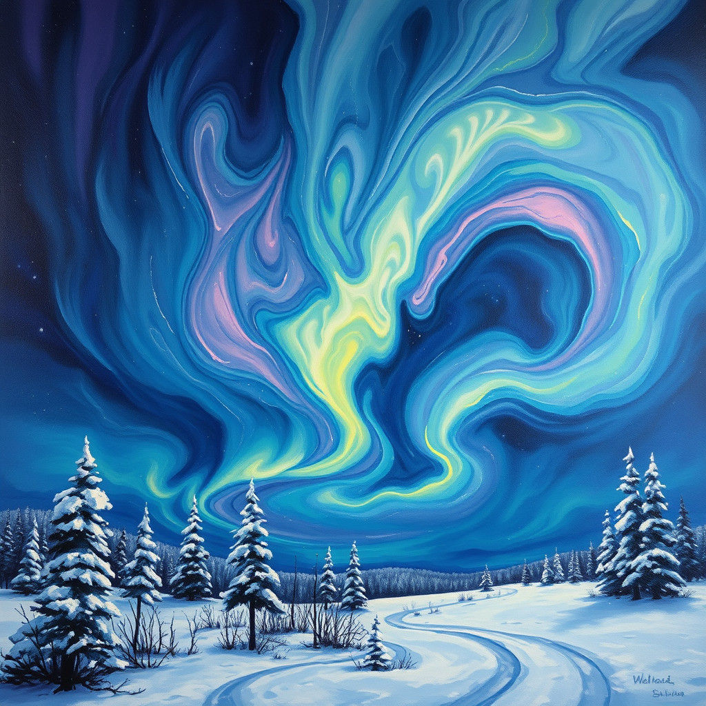 Aurora Borealis Over Lapland in Gouache Style