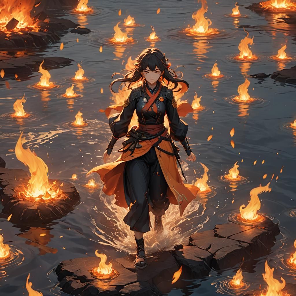 Woman Surrounded by Fire in Anime Style